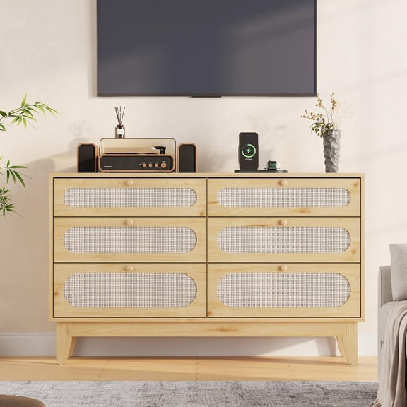 EastVita Wooden 6 Rattan Drawer Dresser with USB Ports and Outlets Chests of Drawers Storage for Bedroom Living Room Hallway Bedside Dining Room
