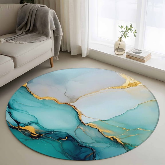 Round Rugs 3.3Ft, Teal Ombre Marble Round Area Rug Washable Indoor Throw Carpet, Modern Ink Painted Abstract Soft Non Slip Circle Rug for Laundry Room Patio Home Decor Aesthetic