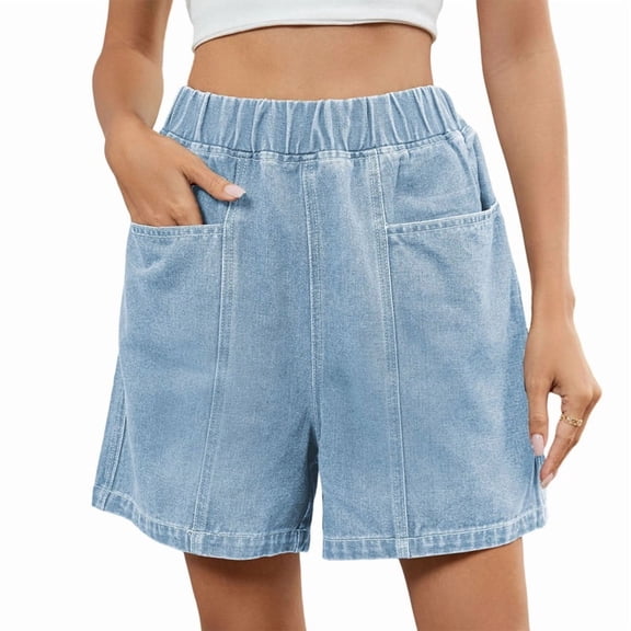 Women'S Denim Shorts, Elastic Wasit Mid Rise Loose Fit with 2 Front Pockets Light Blue S