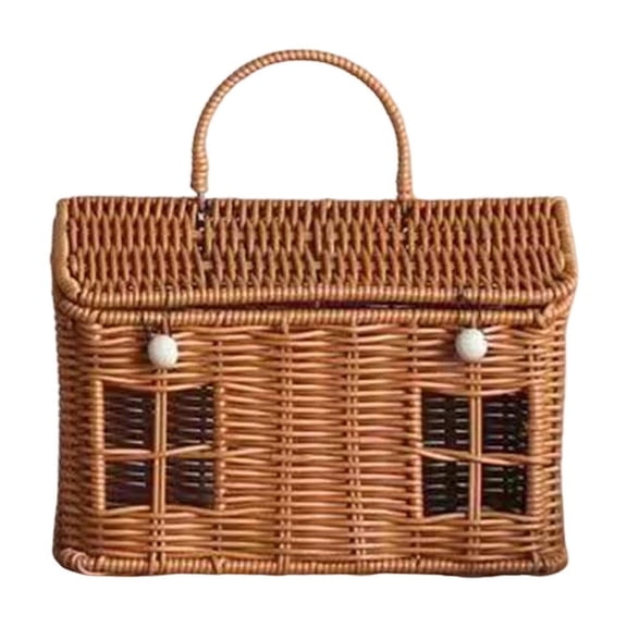House Shaped Woven Rattan Storage Basket with Handle, Portable Garden Harvest Basket for Picnics and Home Decor(Brwon,One Size)