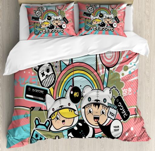 Urban Graffiti King Size Duvet Cover Set Anime Themed Asian Style Cartoon Figure And Speech Bubble On Beam Background Decorative 3 Piece Bedding Set