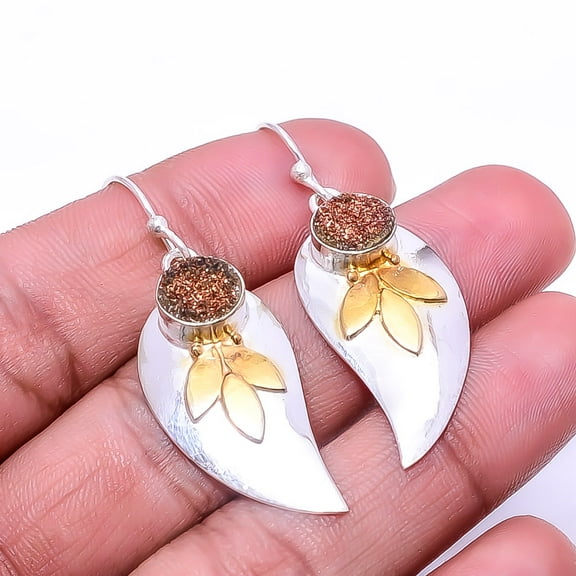 Copper Titanium Agate Drusy 925 Sterling Silver Two Tone Leaf Earring 1.95" E22, Beautiful Jewelry For Woman, New Year Sale, Valentin's Day Gift