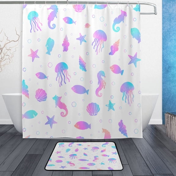 TTYFWHD 60" x 72" Shower Curtain and Bath Mat Set Underwater Fantasy Pattern Waterproof Bathroom Curtain with 12 Hooks, Bathroom Decor Set
