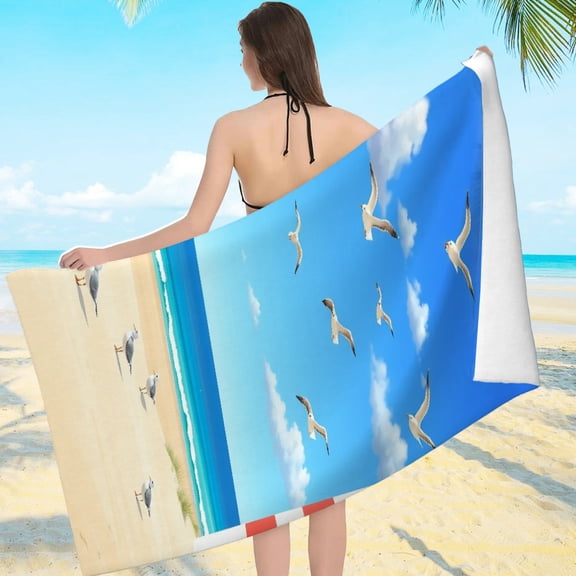 RKSupls Beach Lighthouse Seagulls Microfiber Beach Towel, Extra Large Quick Dry Lightweight Towel for Travel Swimming Camping, Soft Super Absorbent- 55.1x27.6in