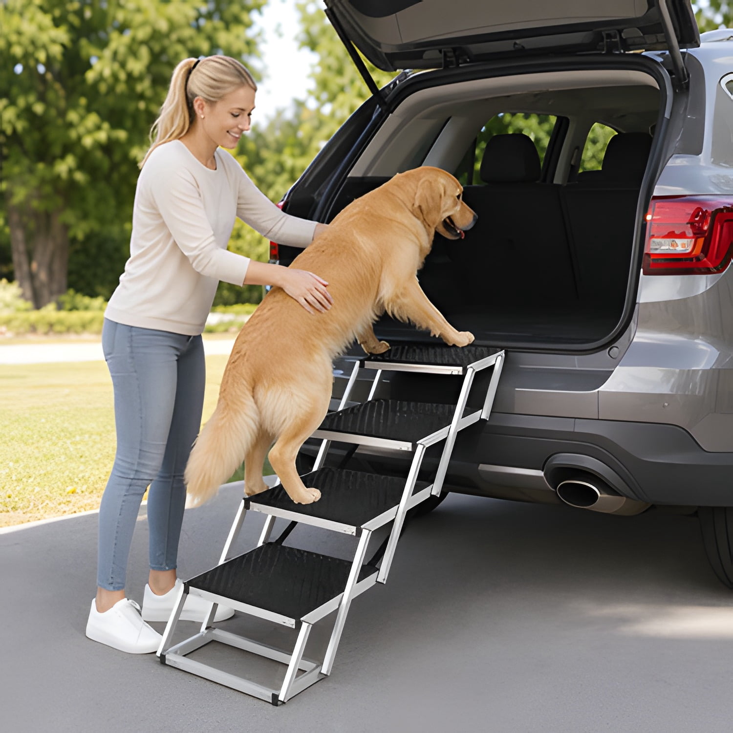 Dog Stair for Cars, Wide 4-step Dog Car Steps, Folding Dog Car Ramp with Nonslip Surface, Portable Pet Steps Lightweight Aluminum for Car, SUV and Truck, Supports up to 150 lbs