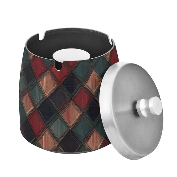 Yayeee Ashtray with Lid for Cigarette Smokeless Stainless Steel Home Ash Holder, Red Tartan Pattern