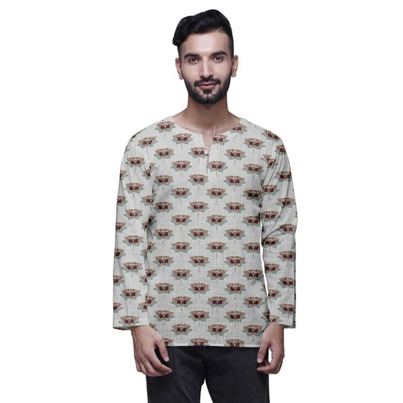 Atasi Printed Cotton Long Sleeve Shirt Casual Short Kurta For Men Summer Wear