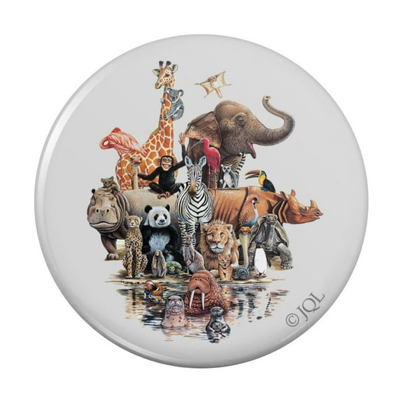 Diverse Animal Family Reunion Elephant Giraffe Panda Lion Walrus Hippo Kitchen Refrigerator Locker Button Magnet