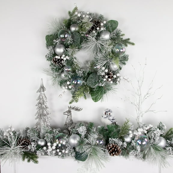 Northlight Flocked Pine Artificial Christmas Wreath with Iridescent Ornaments, 24-Inch, Unlit