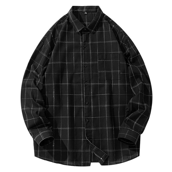 Men's Shirts Fall Long Sleeve Button Down Business Plaid Shirt Jacket with Pocket Casual Plus Size Loose Collar Mens Dress Shirts Black L