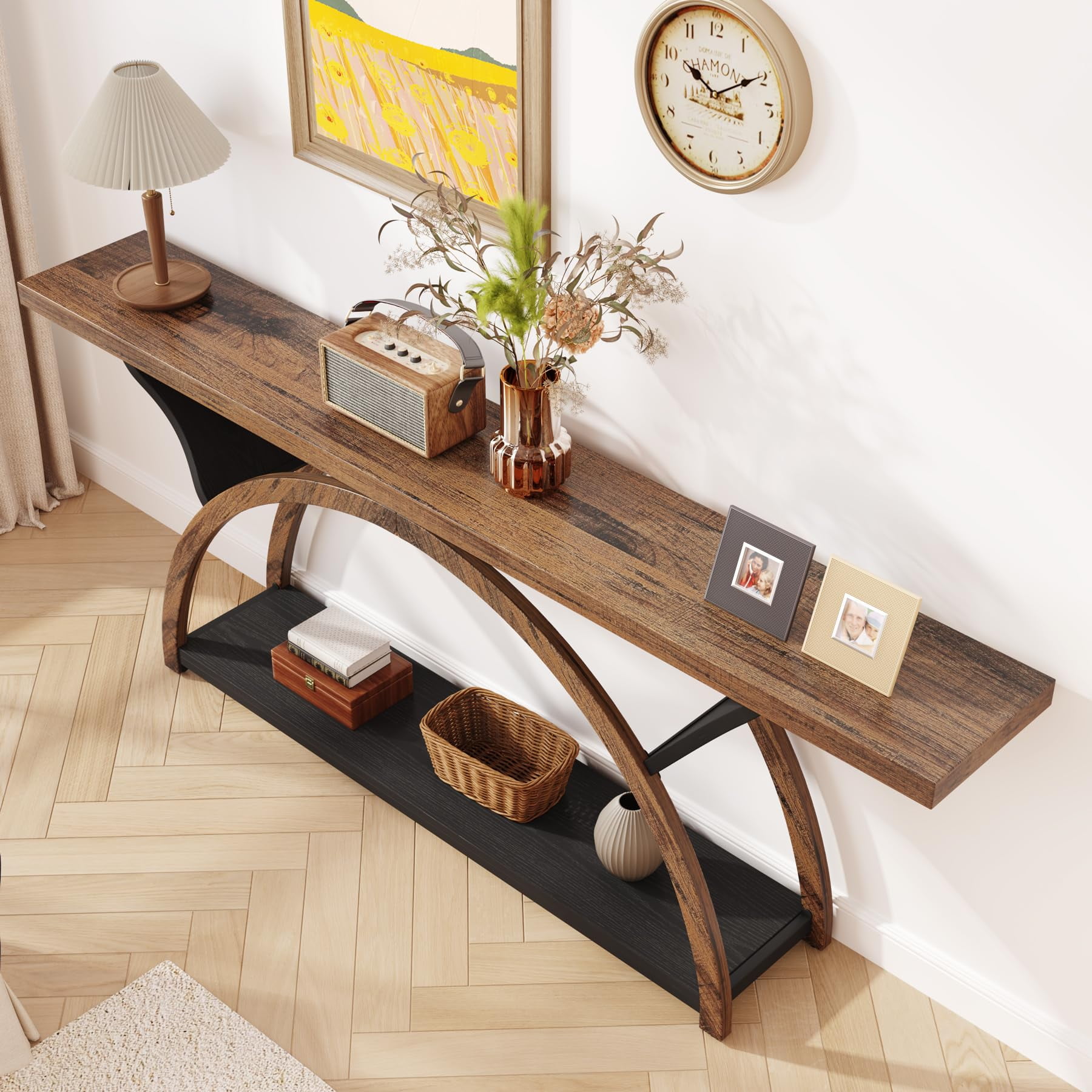Tribesigns 70.87" Console Table with Storage Shelf, Extra Long Sofa Table Behind Couch Table, 2-Tier Entryway Table with Half Moon Frame for Hallway Living Room, Walnut & Black