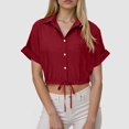 thumbnail image 2 of zaveiop Women's Linen Shirts Y2k Short Sleeve Button Blouses Cinched-Hem Collared Crop Top Tunics (Z-Wine, S), 2 of 6