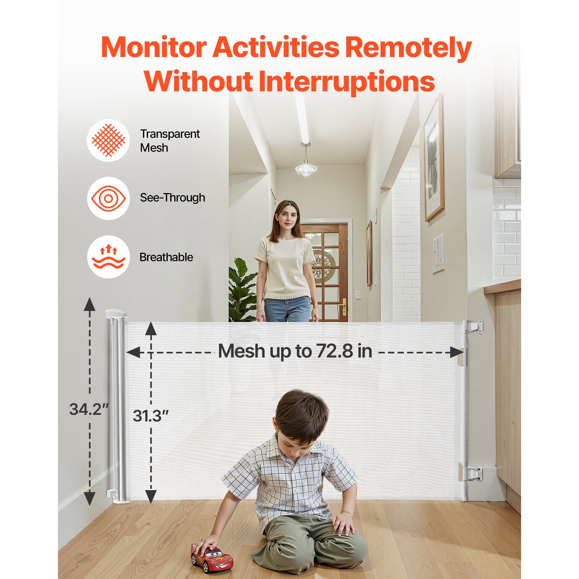 KFFKFF Retractable Baby Gate, Expands to 72.8 Inches Wide and 31.3 Inches Tall, Featuring Safety Lock, Convenient Operation, Trip-Free Design, Mesh Pet Barrier for Stairs, Hallways