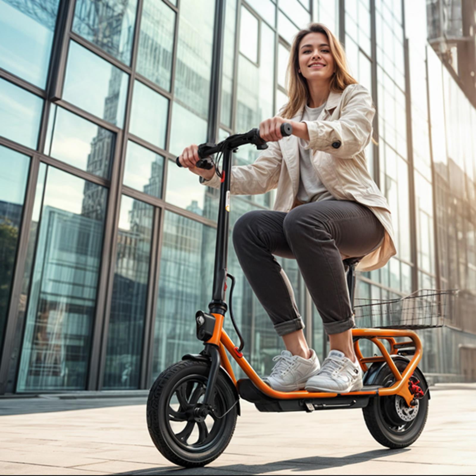 SISIGAD Electric Scooter with Seat, Pneumatic Tires, Peak 600W Motor, Top Speed 19Mph, 20 Miles Long Range, Folding E-Scooter for Commuting with Dual Braking System, Orange