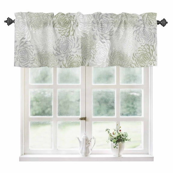 Sage Green White Kitchen Valances for Windows 42x12 Inch Kitchen Curtains Valances Rod Pocket Abstract Grey Chrysanthemum Flower Bathroom Window Valances for Window Treatment Decor