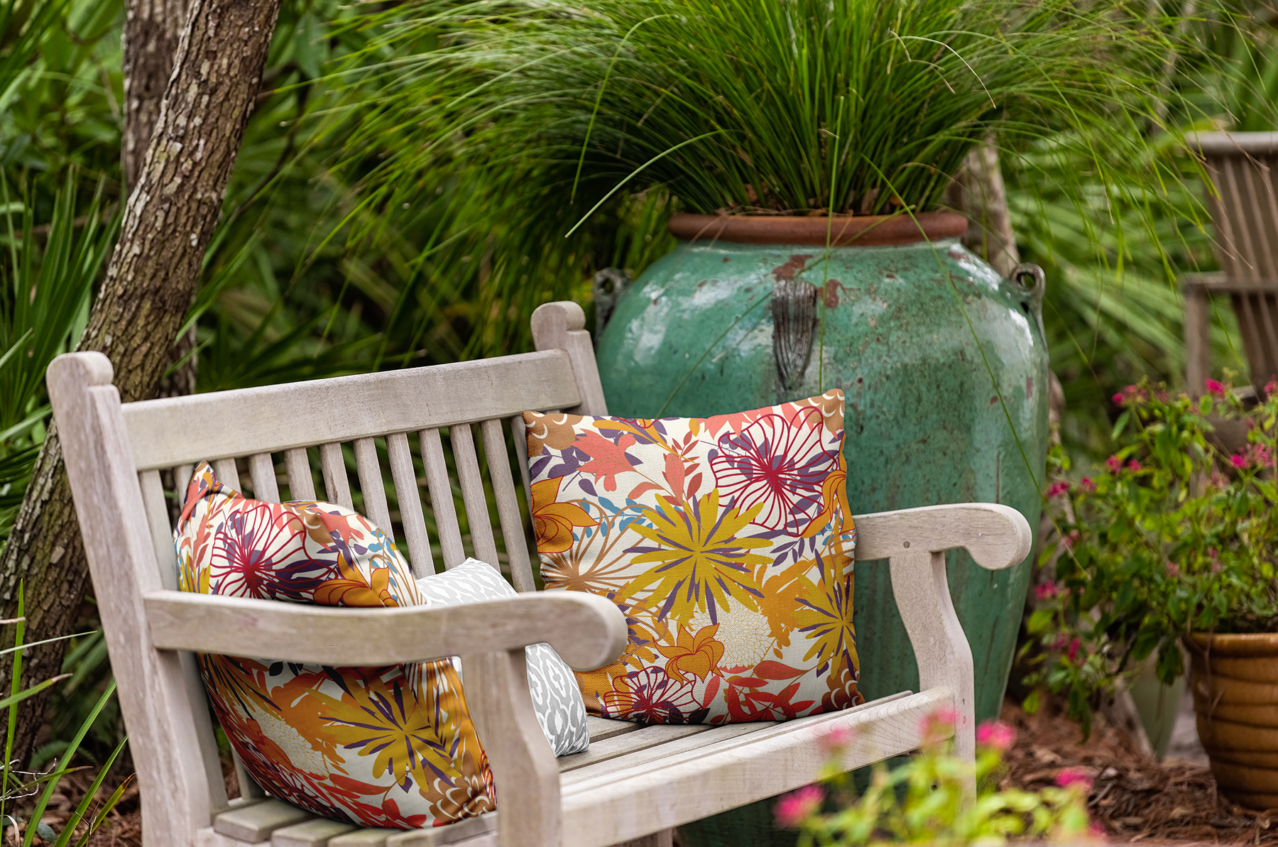16" x 16" Simply Daisy Jumble Floral Polyester Indoor/Outdoor Pillow, Mustard Qty 1
