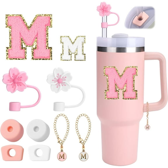 10pcs Cups Accessories Set for Stanley 40 oz Cups,Flower Straw Cover for 10 mm Straws,Square And Round Silicone Spill Proof Stopper,Letter Charm,Sticker for Stanley Cup Decorations,Letter M