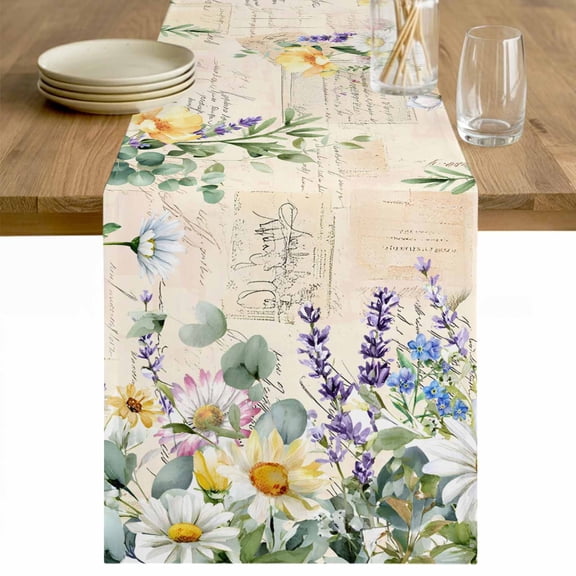 Spring Daisy Table Runner - 90 Inch Long Elegant Pastoral Flowers Watercolor Cotton and Linen Blended Dress Scarves Farmhouse Table Runner for Kitchen Dining, Coffee Table, 13" x 90"