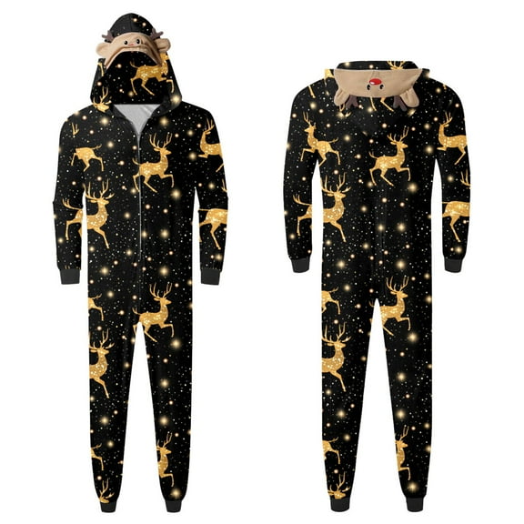 Tisuna Family Matching Set Christmas Cartoon Reindeer Print Long Sleeve Cute Ear Hooded Sleepwear Cute Fashion Autumn Winter Dad Romper Pajamas Set Gold Size L