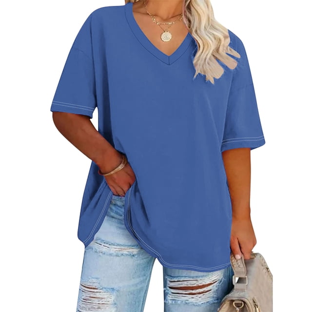 Cutuoiiu Plus Size Shirts for Women Summer V Neck Solid Color Oversized Tops Gifts
