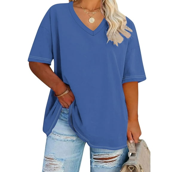 Womens Summer Tops Short Sleeve Shirts 2025 Casual Oversize Loose Fit Fashion V Neck Clothes S-5XL