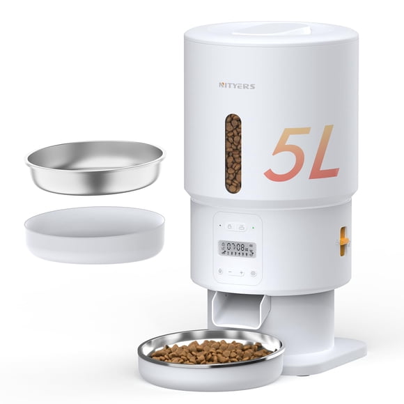 Nityers Mangeoire Automatique pour Chat 5 L - Approvisionnement de 3 Semaines, Alarme Alimentaire Basse, Enregistrement Vocal de 10 s, Anti-Bourrage Amélioré et Verrouillage de Fraîcheur, Double Alimentation, Idéal