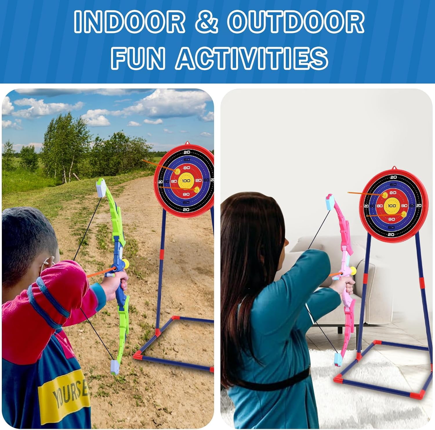Bow and Arrows Set for Kids, 2-Pack Light-up Archery with Targets for Age 4+ Outdoor Birthday Gifts
