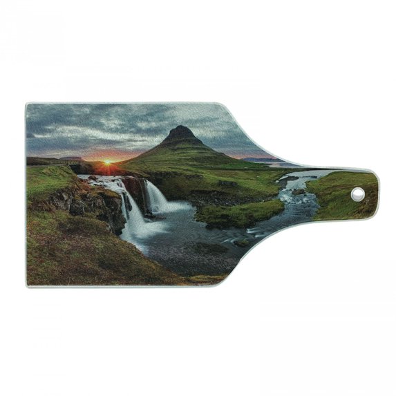 Landscape Cutting Board, Waterfall Landscape at Iceland Sunset Mountain Volcanic Area Natural Beauty Theme, Tempered Glass Cutting and Serving Board, Wine Bottle Shape, Multicolor, by Ambesonne