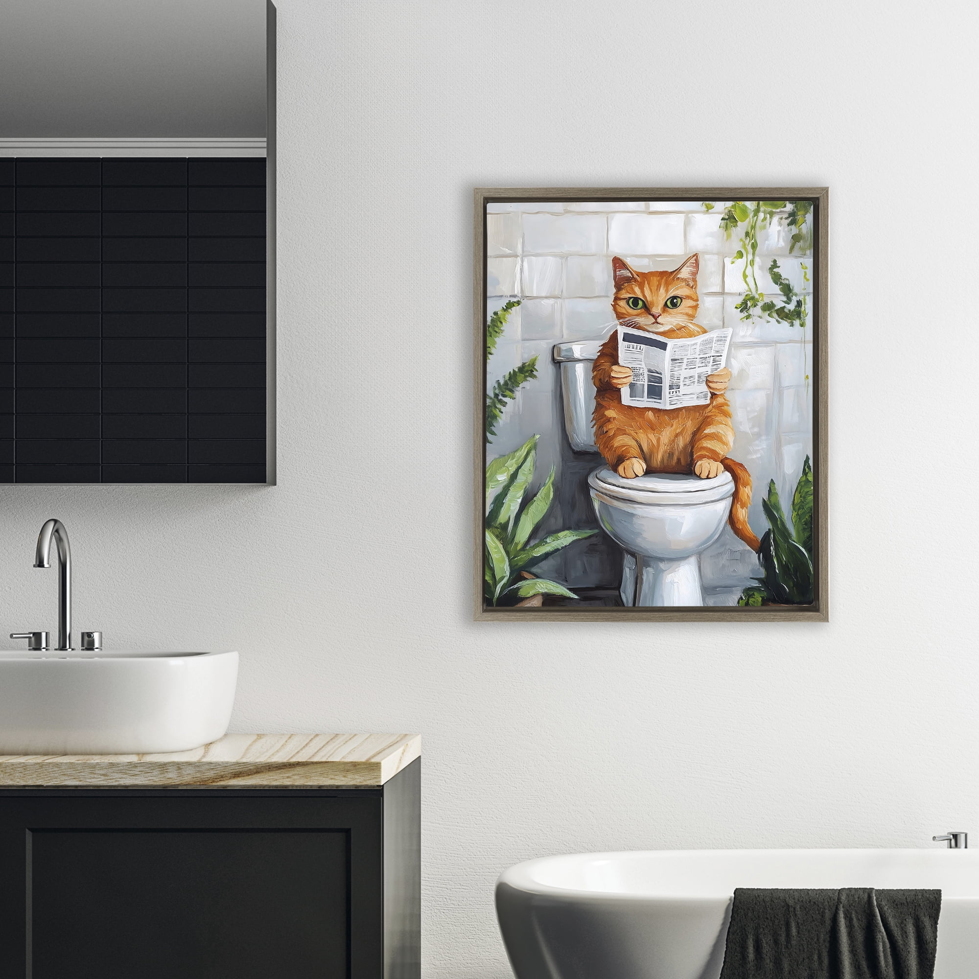 Stupell Industries Orange Cat Reading Paper Brown Framed Floater Canvas Wall Art, design by The Prints Vibe