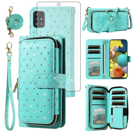 Asuwish Wallet Phone Case for Samsung Galaxy A51 5G/A 51 5G UW Verizon Tempered Glass Screen Protector Bling Glitter Crossbody Lanyard Strap Flip Zipper Purse Card Holder Cell Cover 51A Women Green