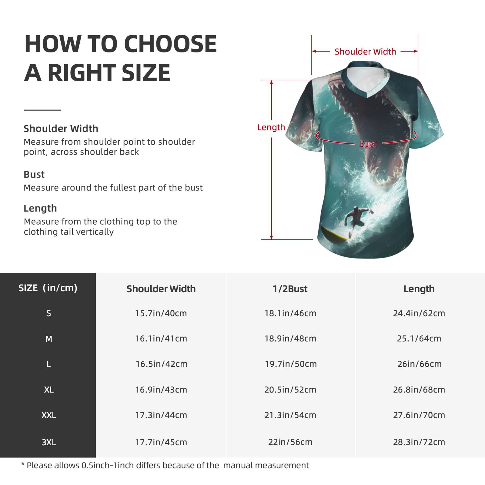 Vsdgher Surfing Shark Women Shirts V Neck Short Sleeve Tops T-Shirt Basic Tees, S to 3XLMedium
