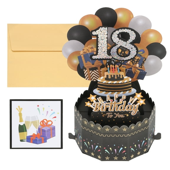 Uxcell 18th Birthday Card, Pop-Out Birthday Card Happy Birthday with Greeting Card and Envelope for Boy Women, Black Gold