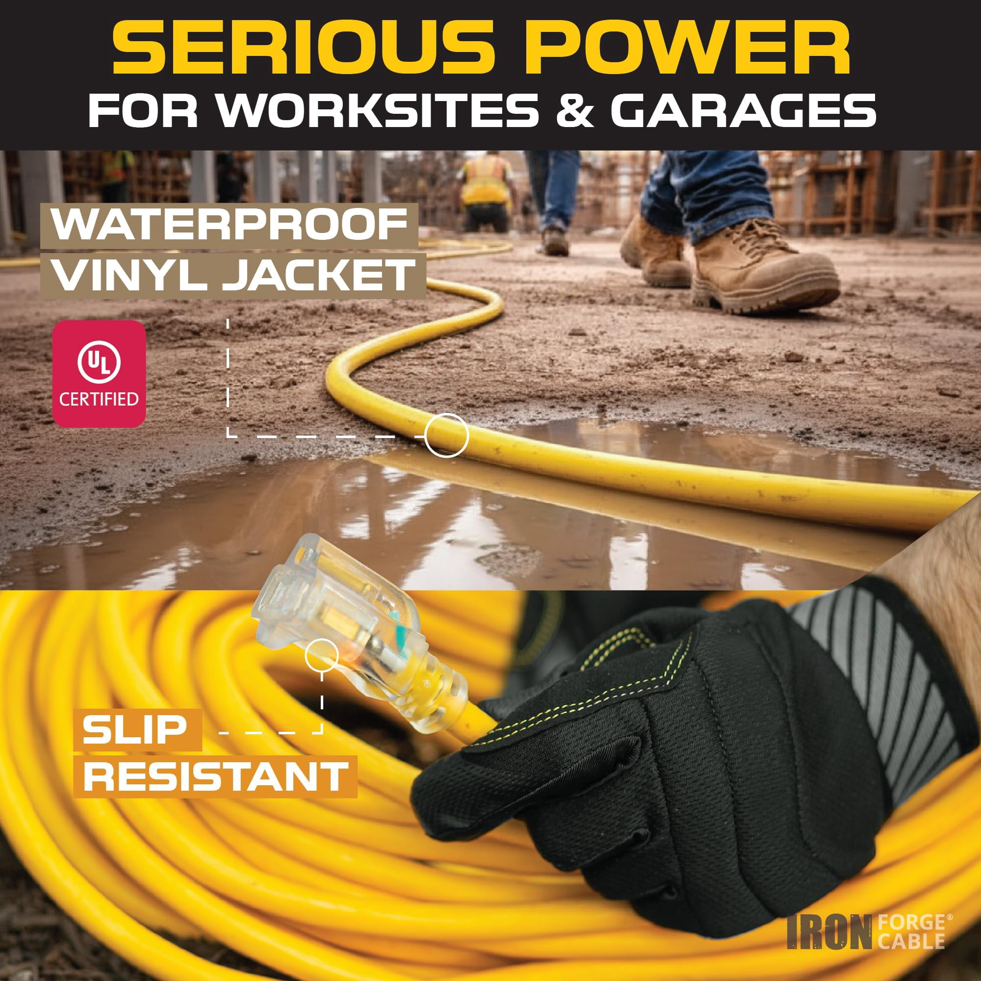 IRON FORGE CABLE 6 Foot Lighted Outdoor Extension Cord - 12/3 SJTW Heavy Duty Yellow Extension Cable with 3 Prong Grounded Plug for Safety, 15 AMP - Great for Garden and Major Appliances