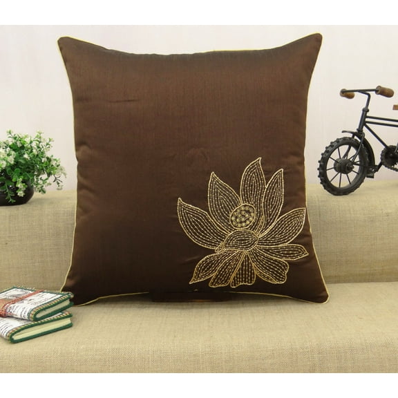 S4Sassy Decor Handmade Brown Pillows Cover Hand Beaded Lotus Floral Pattern Pillows Cover Square Throw 24 x 24