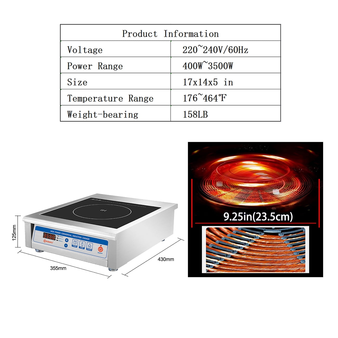 Open Box ChuShiFu 3500W 190V~275V Induction Cooktop Commercial Grade Range 18h Timer Electric Stove Burner Kitchen Restaurants Cooking 16 Level Temp&Power Ctrl