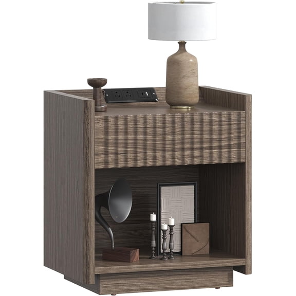 VVFLU Nightstand, Fluted Bed Side Table with Charging Station, Modern End Side Table for Bedroom Furniture Living Room Sofa, Night Stand with Storage Drawers and Large Open Shelf