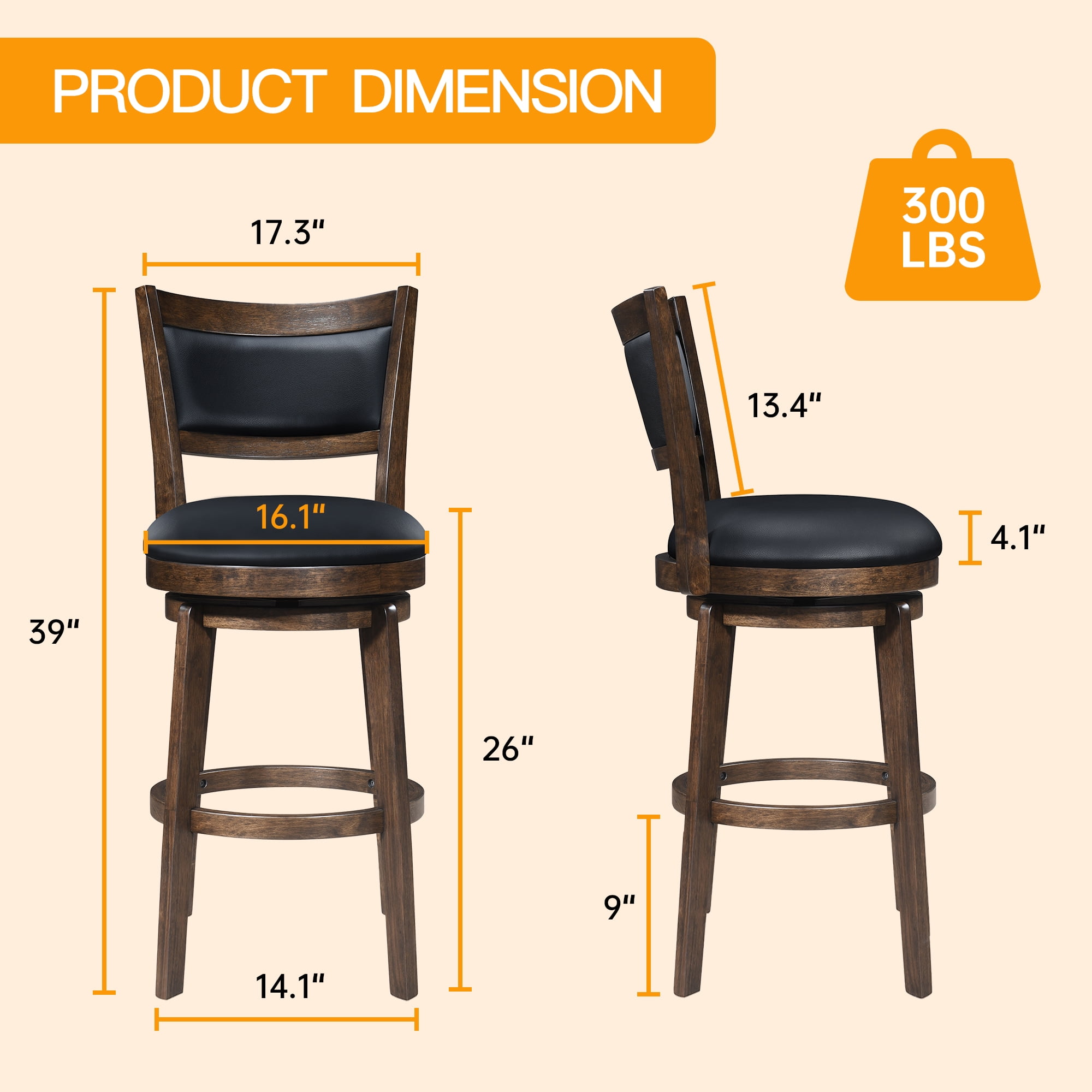 TrumanPick 26 Inch Counter Height Bar Stool Kitchen Island Swivel Barstools with High Back Chair Seat for Kitchen Dinning room,1 Pack