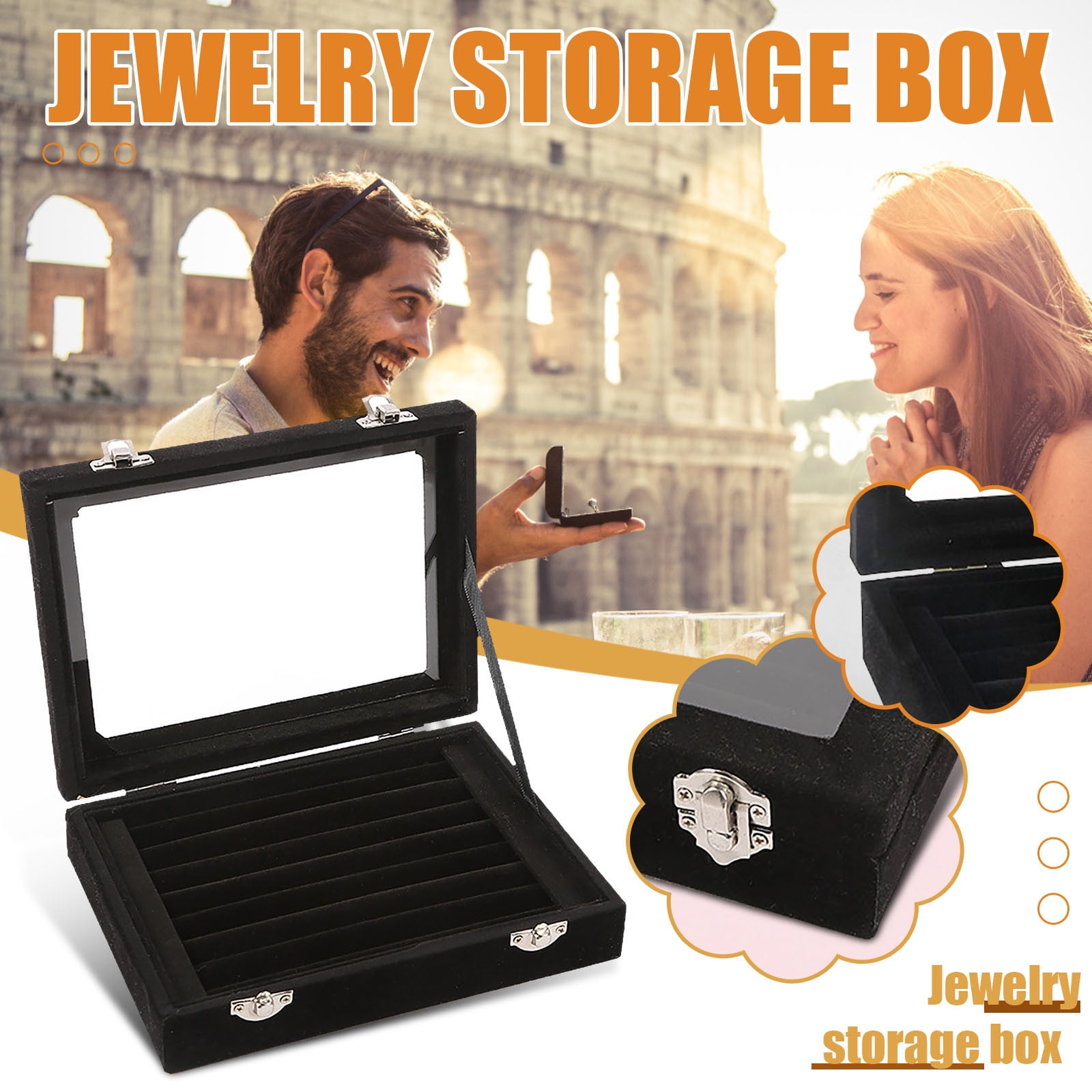 Velvet Glass Jewelry Ring Earring Display Organizer Box Tray Holder Storage Case 