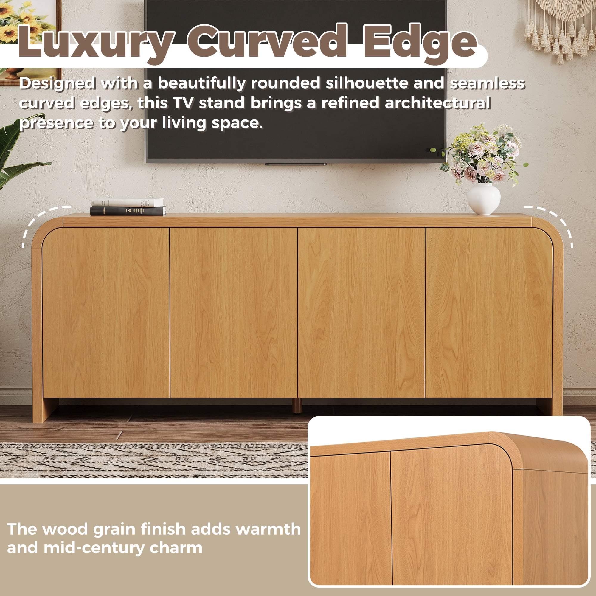 Aukfa Mid Century Modern TV Stand for TVs up to 70",Curved Design & Push-to-Open Doors, Natural