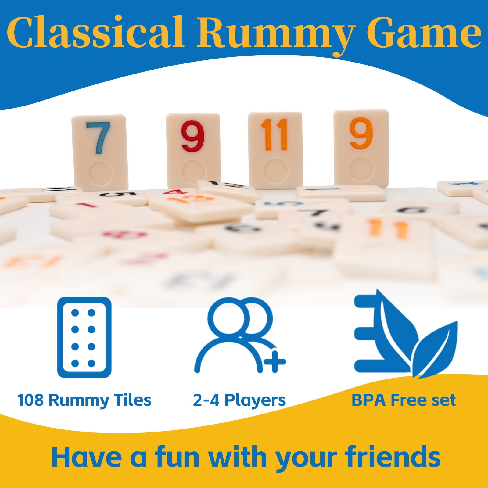 Rummy Cube 4 Player Edition with 4 Wooden Racks,108 Tiles Rummy Cube Game Original with Portable Case，Drawstring Bag Rummy Game Large Number Rummy Tiles Travel Game Set for Family Classic Board Games