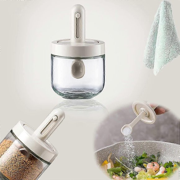 Spoon Lid Integrated Retractable Seasoning Jar, Glass Condiment Jar Spice Container
