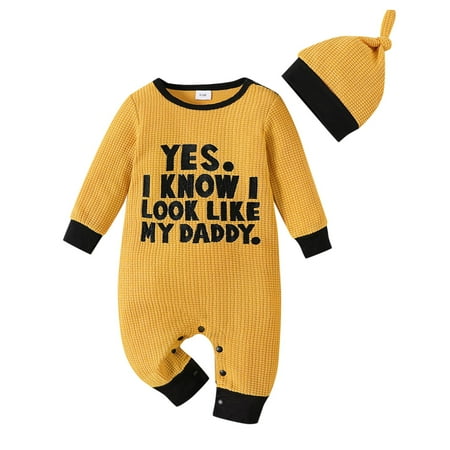 

JDEFEG Baby Organic Clothes Boy Baby Boys Girls Letter Print Romper Jumpsuit with Hat Set 2Pcs Toddler Boy 2T Summer Clothes Pajamas for Teens Girls Pajama Sets Yellow 6M