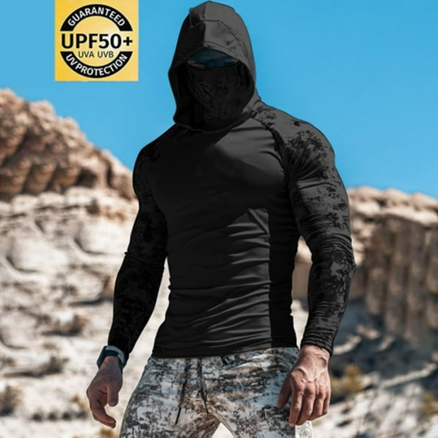 Handshe Men's Summer Hooded Sun Shirt, Lightweight Breathable UPF 50+ Sun Protection Long Sleeve Rash Guard, Outdoor Hiking Beach Activities Cover-Up,Plus Size