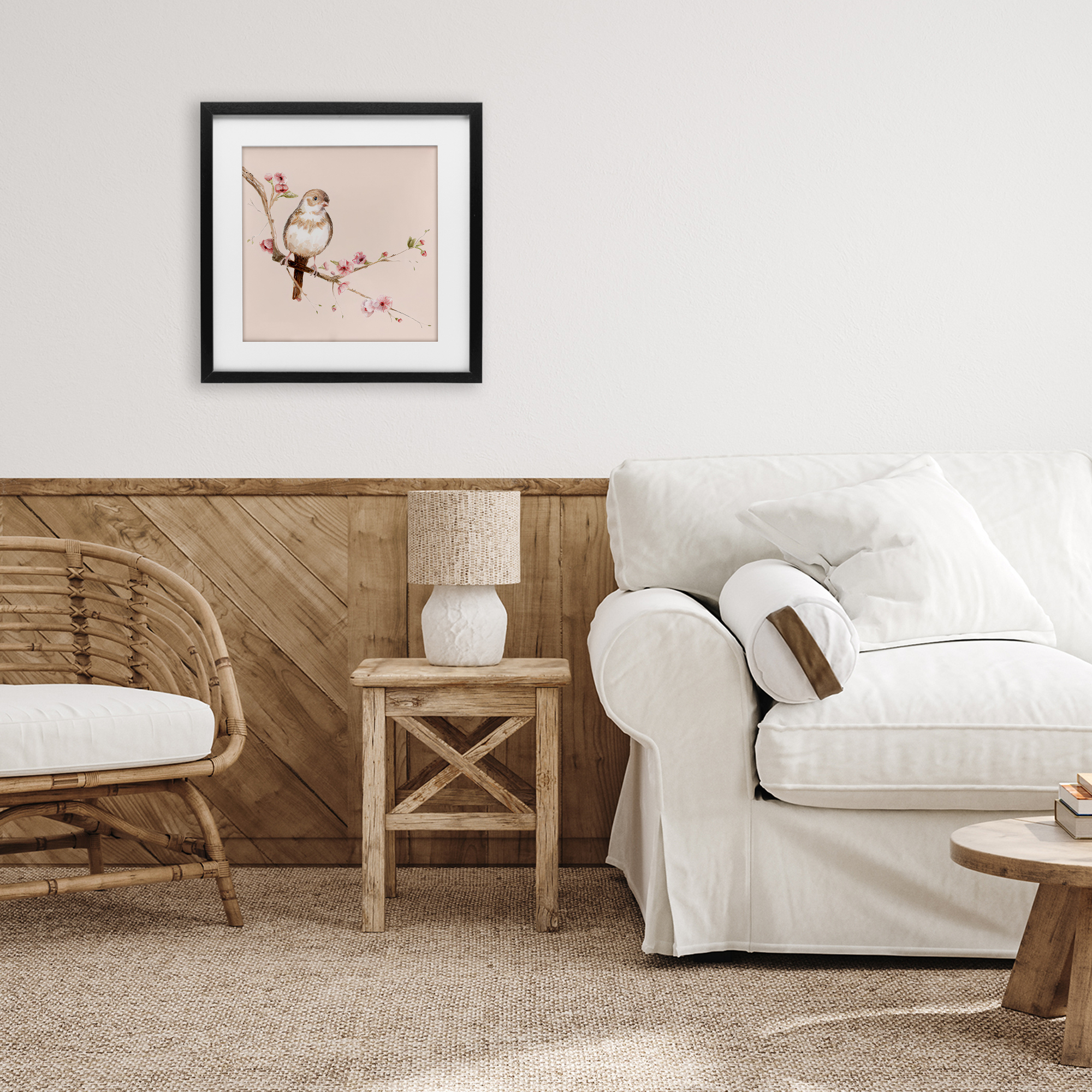 Sweetest Brown Bird Black Framed Print Under Glass, design by Lisa Wehmeyer