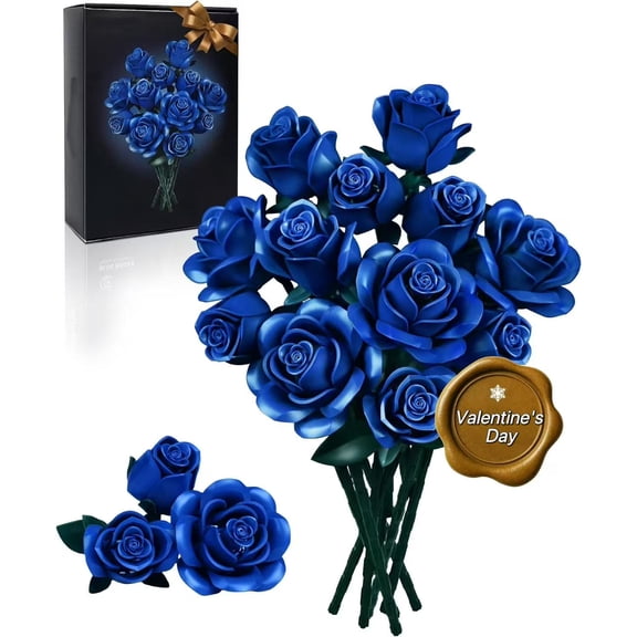Blue Rose Bouquet Building Set, Gift for Christmas, Artificial Flowers Botanical Collection for Adults - Gothic Home Office Table Centerpiece Retro Decor - IA11007