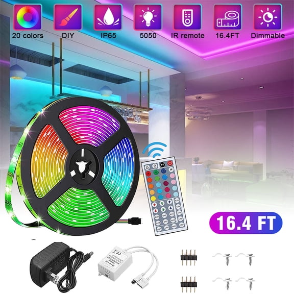 LED Strip Lights,16.4 ft RGB Colored Rope Light Strip Kit with Remote and Control Box for Room, Ceiling, Bedroom