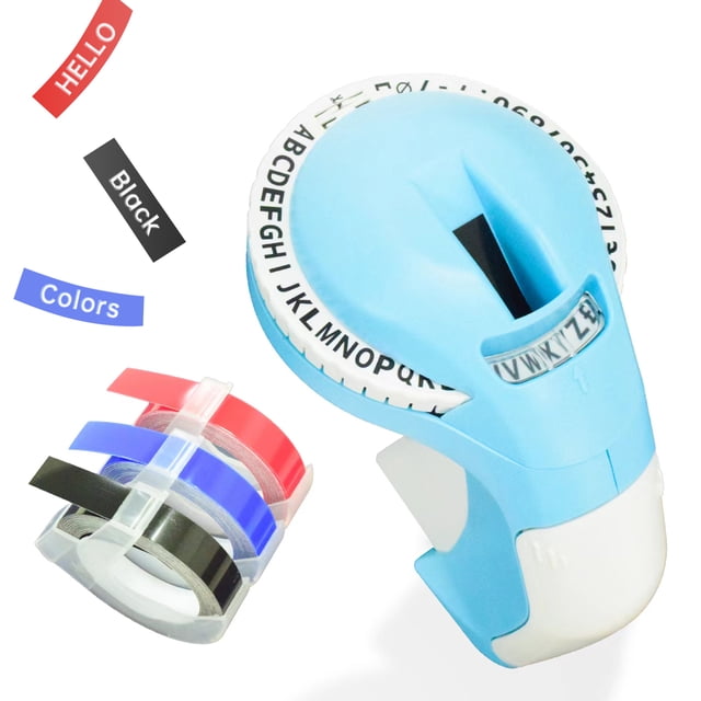 Graflsoa Compact Embossing Label Maker with 3 Tapes (Black, Blue, Red) - European Version for Home, Office, and Retail Use, Blue (Black Tape Pre-installed)