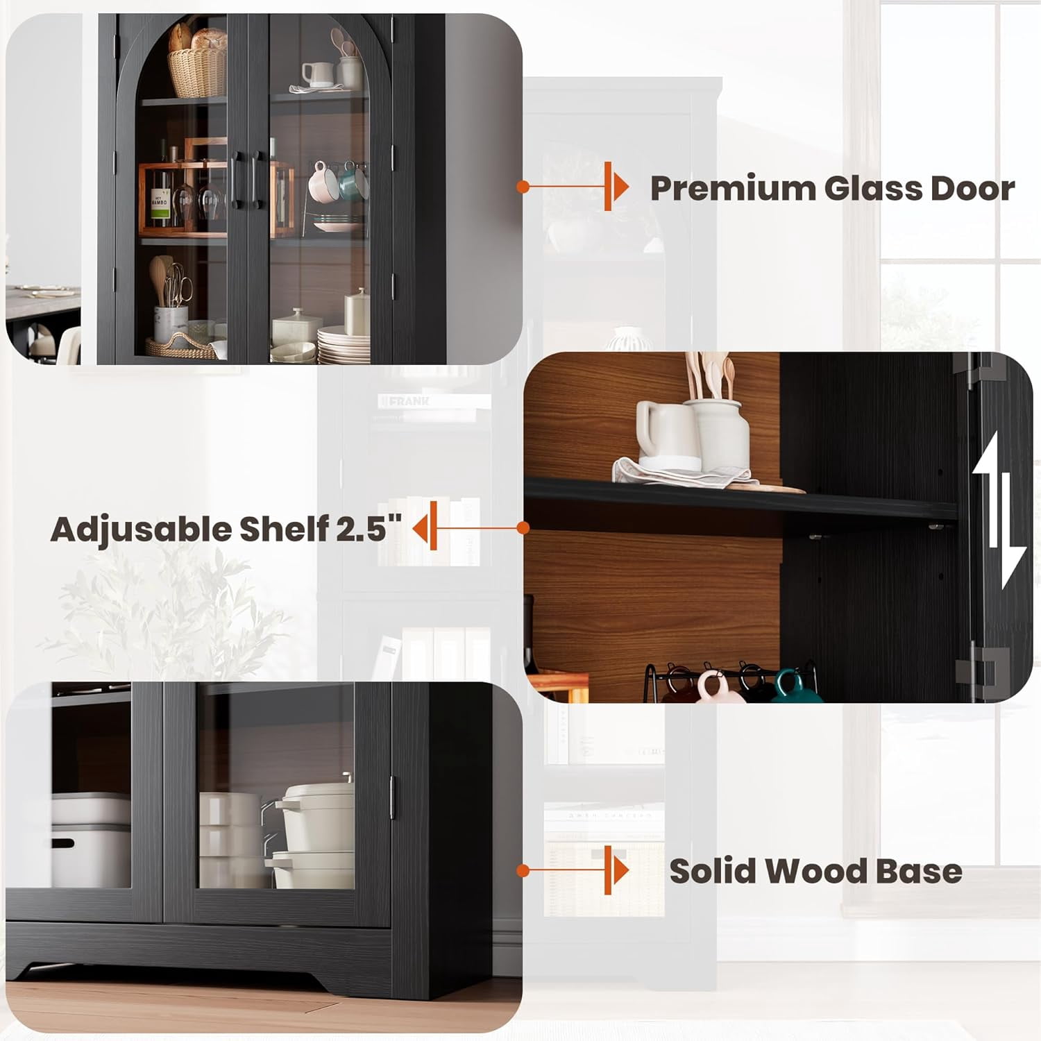 70" Tall Kitchen Pantry Storage Cabinet with Glass Doors, Farmhouse Cupboard with Adjustable Shelves, Freestanding Food Pantry for Kitchen, Dining, Living Room