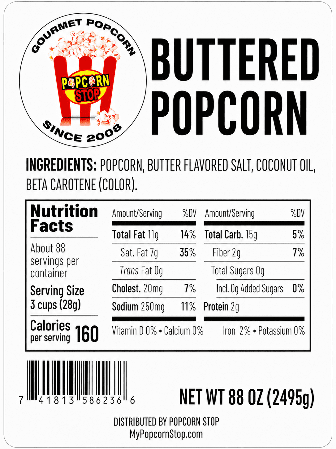 Bulk Movie Butter Popcorn | 275 Cups, 88 Oz or 20 Gallons | Freshly Oil Popped When Ordered