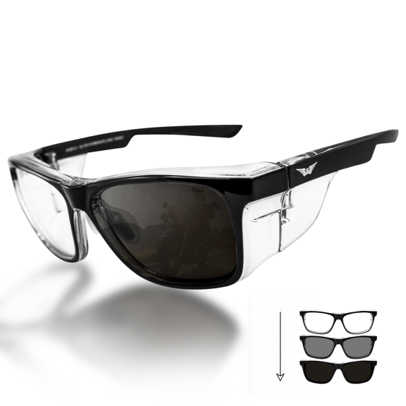 Global Vision Acropolis Photochromic Safety Sunglasses ANSI Z87.1 Auto-Darkening Super Dark Adaptive Lenses Black & Clear Frame
